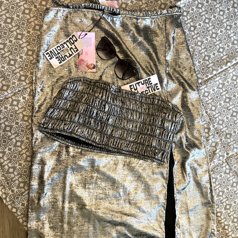 Future Collective Silver Crop Top and Skirt.